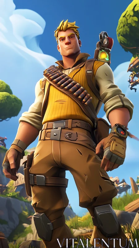 Cartoon-heroic explorer with tactical gear in stylized terrain.