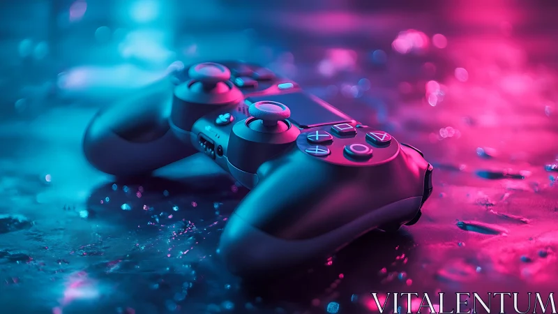 Game controller under neon bicolor rim lighting on wet surface.