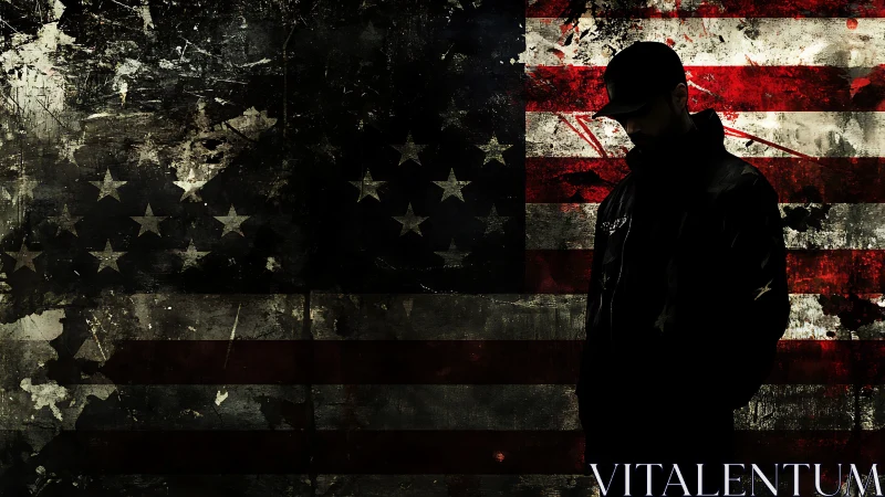 Silhouetted figure before distressed American flag mural.