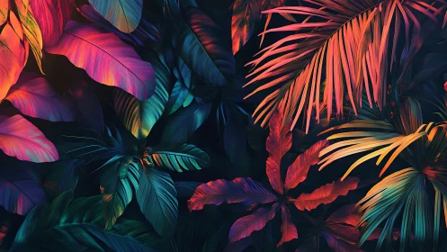 Neon jungle leaves glow over dark tropical foliage