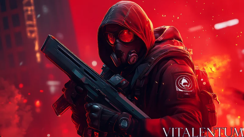 Paramilitary hooded operative in red-tinted urban inferno.