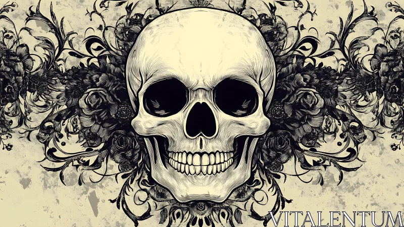 Central human skull illustration is framed by dense floral forms