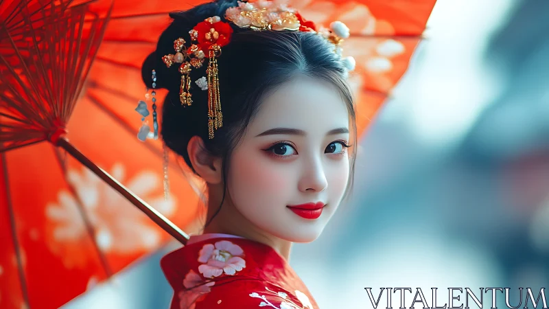 Crimson parasol glow with a gentle, luminous gaze.