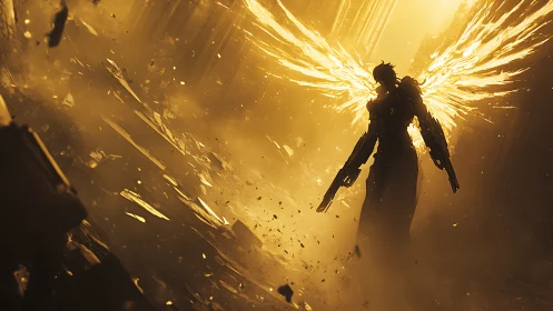 Armored angelic figure with blazing golden wings stands.