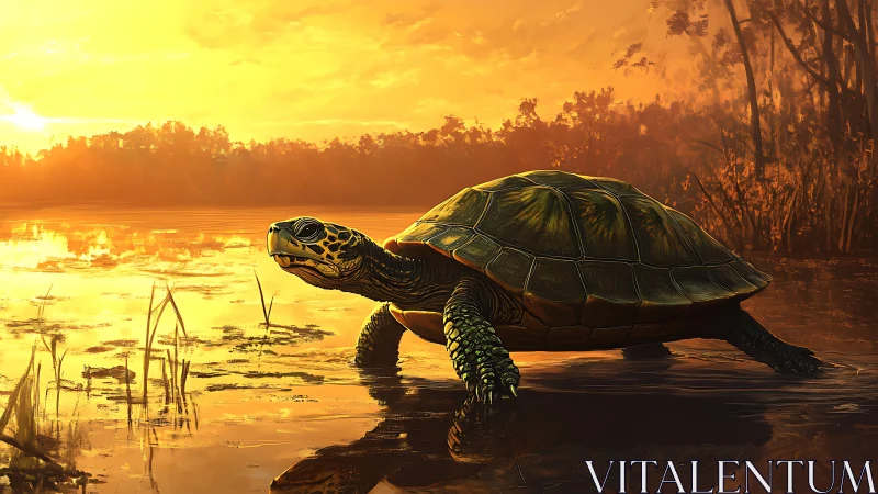 Sunlit turtle pauses in a glowing golden wetland sunset