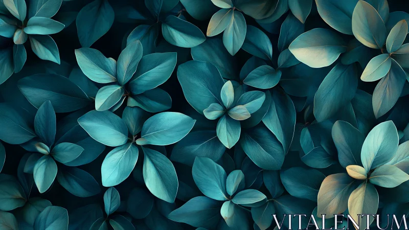 Teal-toned foliage pattern with layered overlapping leaves.