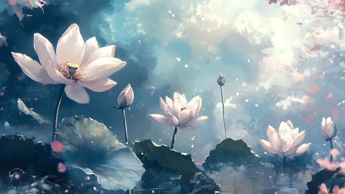 Lotus flowers rise from reflective pond under diffuse sky