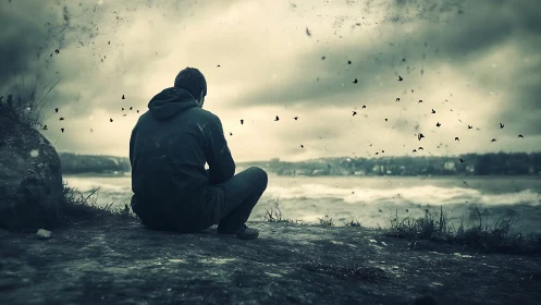 Solitary figure beside stormy sea beneath gathering clouds.