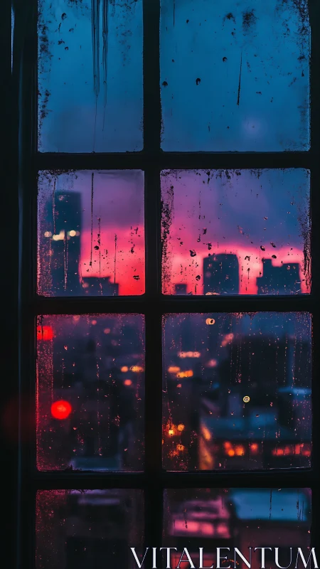 Nocturnal cityscape through rain-streaked window grid.