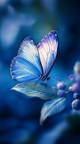 Translucent blue butterfly on leaf in macro optical focus.