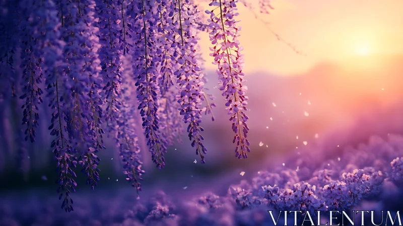 Backlit wisteria racemes rendered in shallow depth at sunset