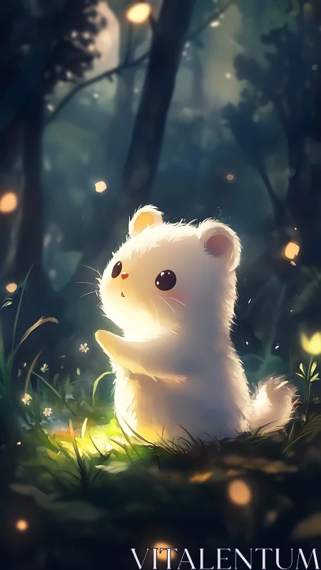 Glowing forest spirit bear gazes at drifting fireflies softly.