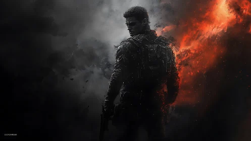 Gunmetal guardian between smoke and fire stands unbroken.