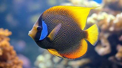 Vibrant angelfish portrait with golden dorsal fin glow.
