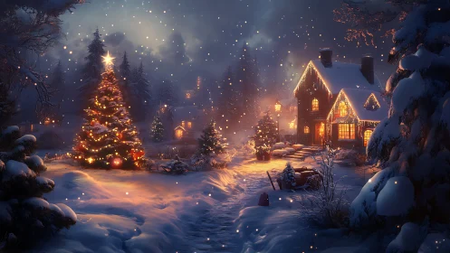 Cozy winter cottage glowing beside a sparkling Christmas tree.