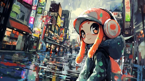 Cheerful bundled kid strolls through a rainy neon city night