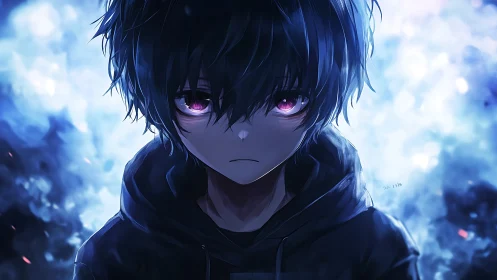 Brooding anime boy with violet eyes in blue haze.
