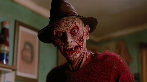 Close-up horror portrait of scarred ghoul in worn fedora hat