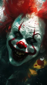 Close-up digital rendering of sinister clown face portrait.