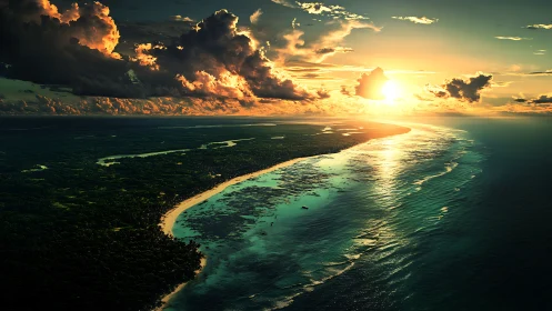 Coastal shoreline and ocean under low sun over horizon.