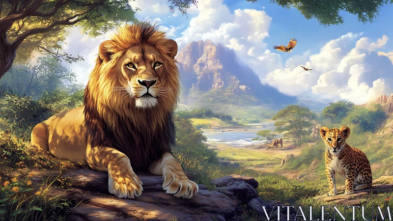 Majestic Lion and Cheetah Reign Over Sacred Mountain Valley