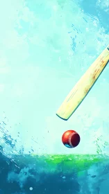 Cricket bat and ball in dynamic turquoise splash scene.