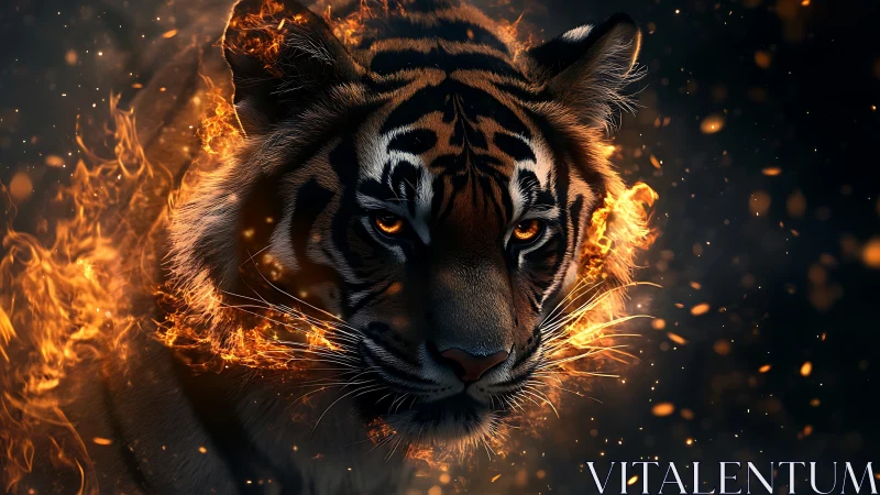 Fiery-eyed tiger emerges through swirling flames and sparks