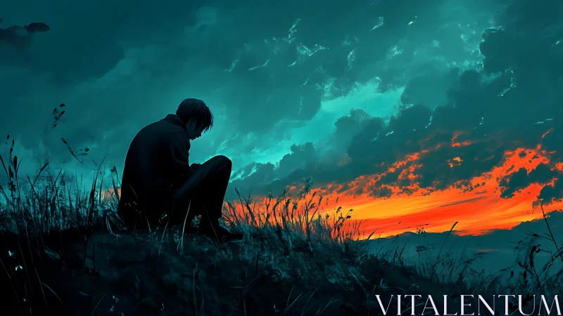 Solitary figure silhouetted against cyan and ember sunset sky.