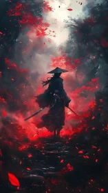 Lone samurai walks bloodred forest path toward light
