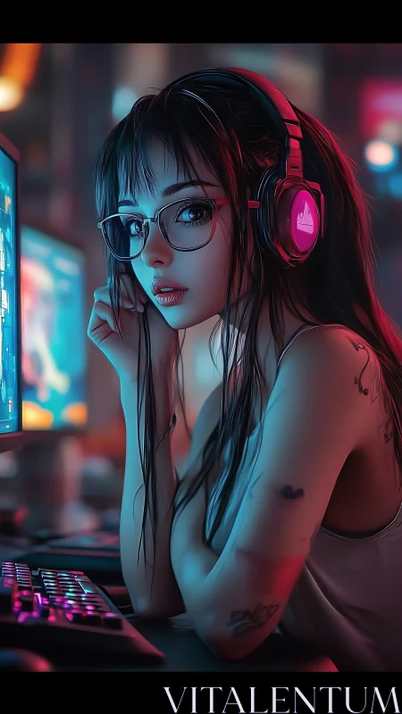 Focused gamer girl at RGB PC setup in neon room.