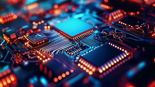 Neon circuitry skyline where microchips glow like midnight cities.