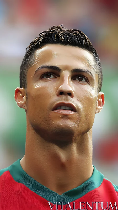 Stadium gaze of focused footballer in vivid match light.