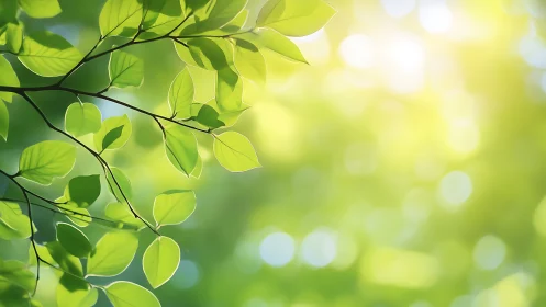 Sunlit Green Leaves on Branches, Soft Focus Nature Background.