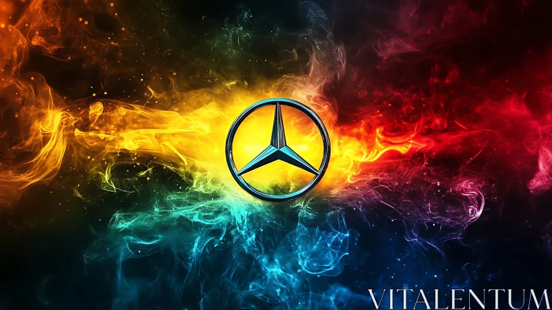 Tri-point metallic emblem amid tricolor nebular plasma field