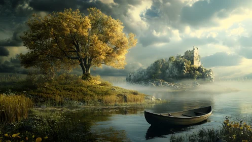 Medieval Castle Lake Landscape with Golden Tree.