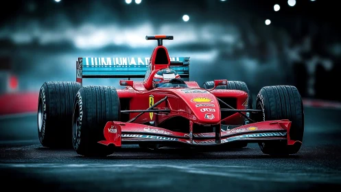 Red Formula 1 car accelerates on wet night racetrack