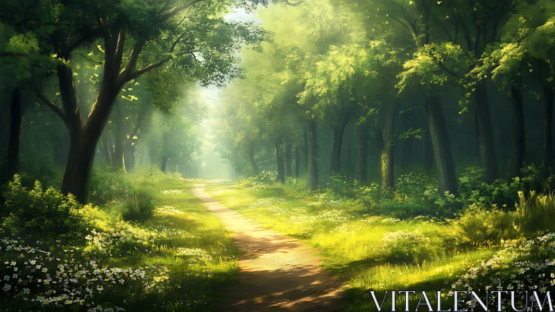 Sunlit Forest Path with Wildflowers in Dreamy Realistic Style.