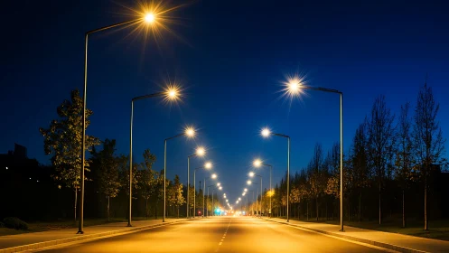 Empty urban road at night with bright street lighting.