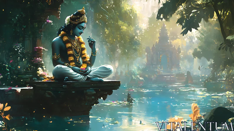 Divine blue deity meditating beside luminous jungle temple.