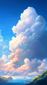 Towering pastel clouds rise above a tranquil coastal sea