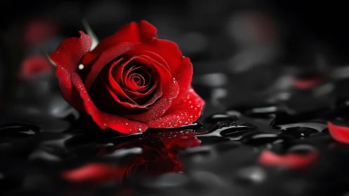 Red rose with water droplets on black background
