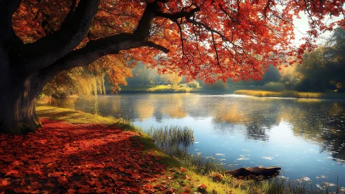 Golden autumn lake glows under fiery red tree branches