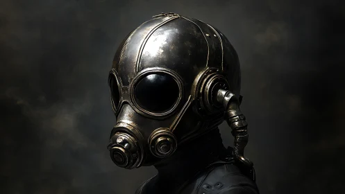 Dark steampunk gas mask helmet portrait in profile view.