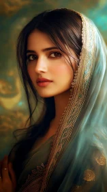 Portrait of woman in teal veil with gold embroidered trim.