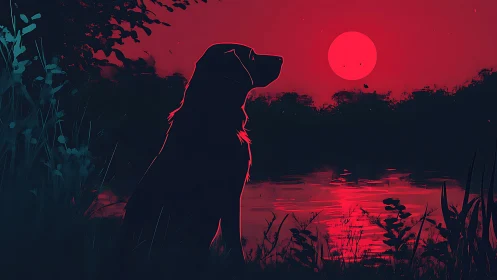 Faithful dog relaxing by a glowing red lakeside sunset.