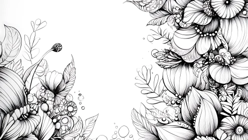 Intricate Ink Floral Border Composition with Botanical Elements