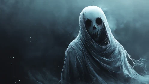 Shrouded spectral figure rendered in high-contrast cyan fog field