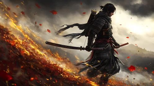 Digital painting of lone samurai in ember-strewn battlefield.
