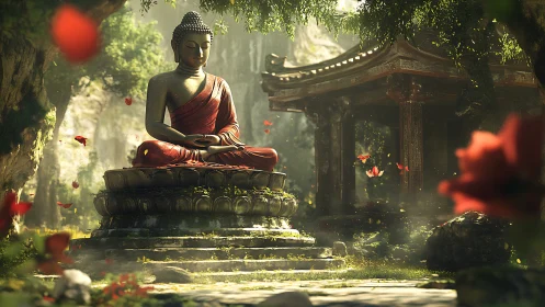 Meditative stone Buddha in volumetric forest light temple garden.