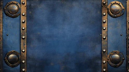 Weathered blue metal panel shows riveted industrial frame